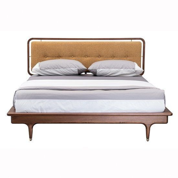 Mid-Century Modern Bed Wood Frame Brown Headboard