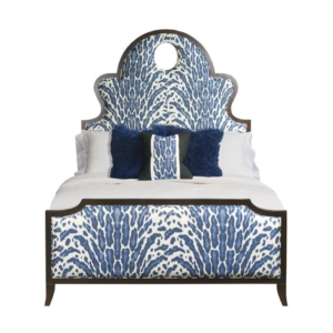 Mid-Century Modern Bed with Blue and White Patterned Fabric