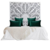 Mid-Century Modern Bed with Carved Headboard and Emerald Pillows