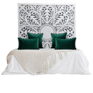 Mid-Century Modern Bed with Carved Headboard and Emerald Pillows