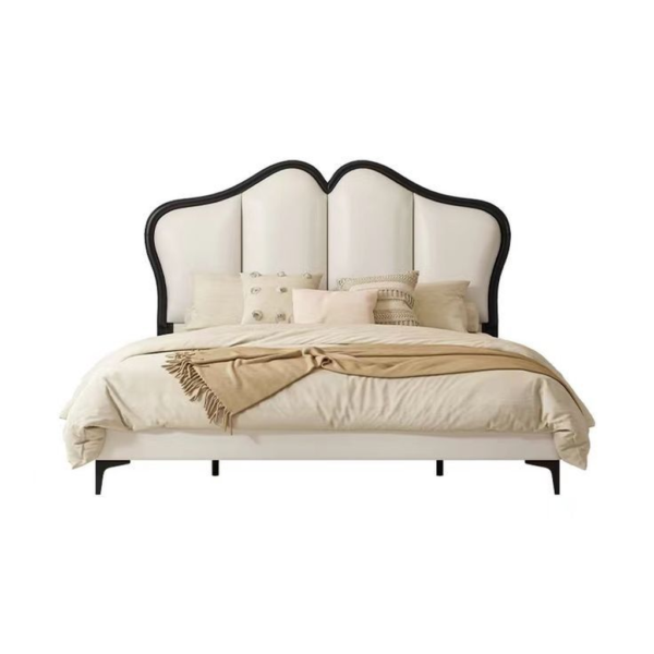 Mid-Century Modern Bed with Cream Upholstered Frame