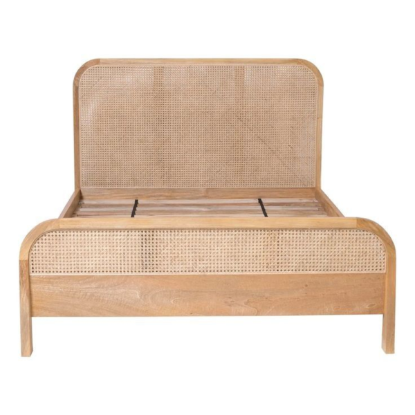 Mid-Century Modern Bed with Rattan Headboard
