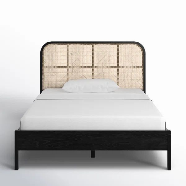 Mid-Century Modern Bed with Rattan Headboard and Black Wood Frame