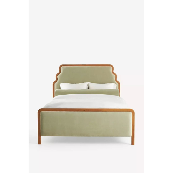 Mid-Century Modern Bed with Wood Frame and Green Upholstered Headboard