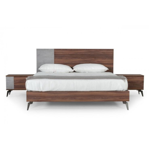 Mid-Century Modern Bed with Wood Frame and Grey Textile
