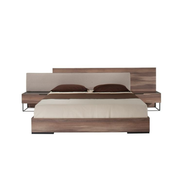 Mid-Century Modern Bed with Wood Frame and Upholstered Headboard