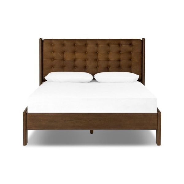 Mid-Century Modern Bed with Wood Frame and Upholstered Headboard