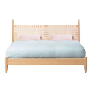 Mid-Century Modern Beige Bed with Woven Headboard