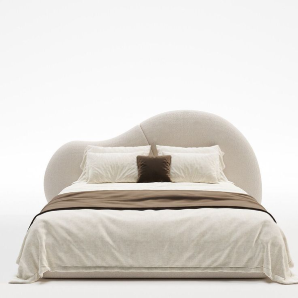 Mid-Century Modern Beige Upholstered Platform Bed
