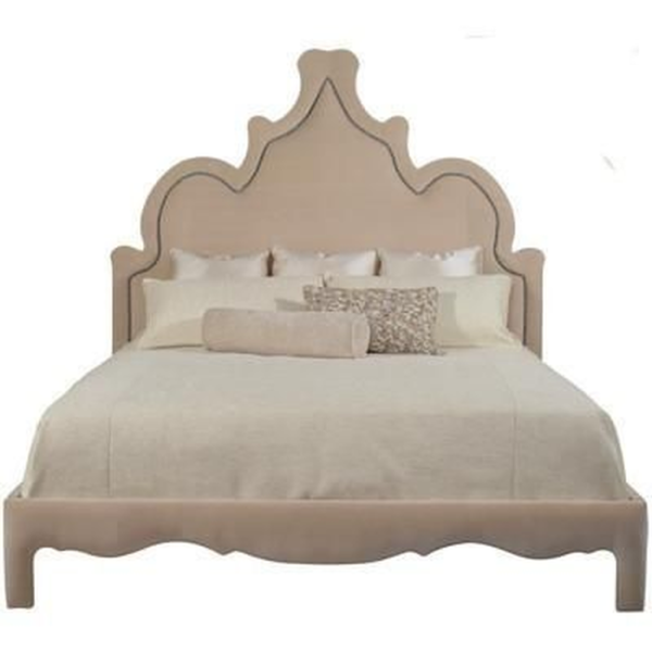 Mid-Century Modern Beige Wood Bed with Elegant Headboard