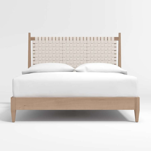 Mid-Century Modern Beige Wooden Platform Bed with Woven Headboard