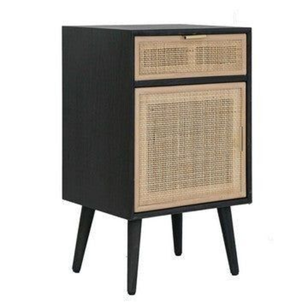 Mid-Century Modern Black Wood Rattan Nightstand Daabadi Furniture wholesaler