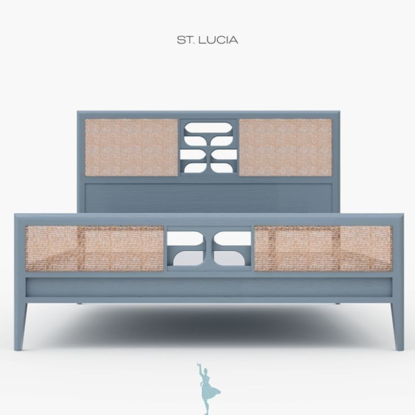 Mid-Century Modern Blue Wood Bed with Woven Panel Headboard and Footboard