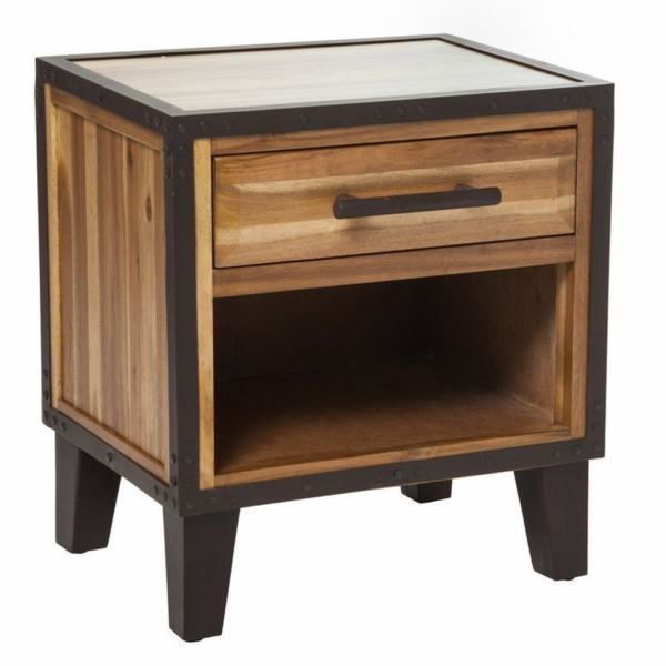 Mid Century Modern Brown Wood Nightstand with Drawer and Shelf