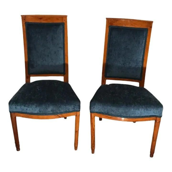 Mid-Century Modern Dining Chair Wood and Blue Velvet