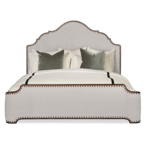 Mid-Century Modern Light Gray Upholstered Bed with Nailhead Trim