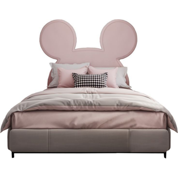 Mid-Century Modern Mouse Headboard Bed Pink Fabric