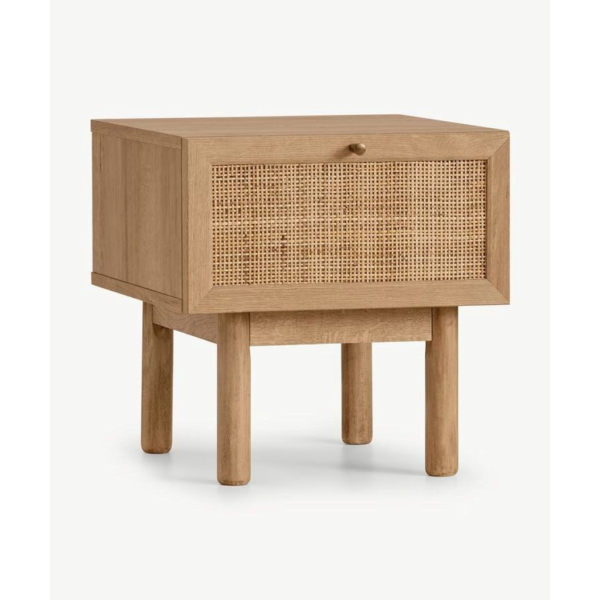 Mid-Century Modern Natural Wood Nightstand with Rattan Drawer by Daabadi Furniture manufacturer