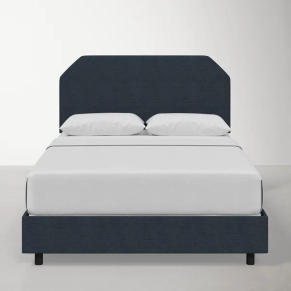 Mid-Century Modern Navy Upholstered Bed Frame