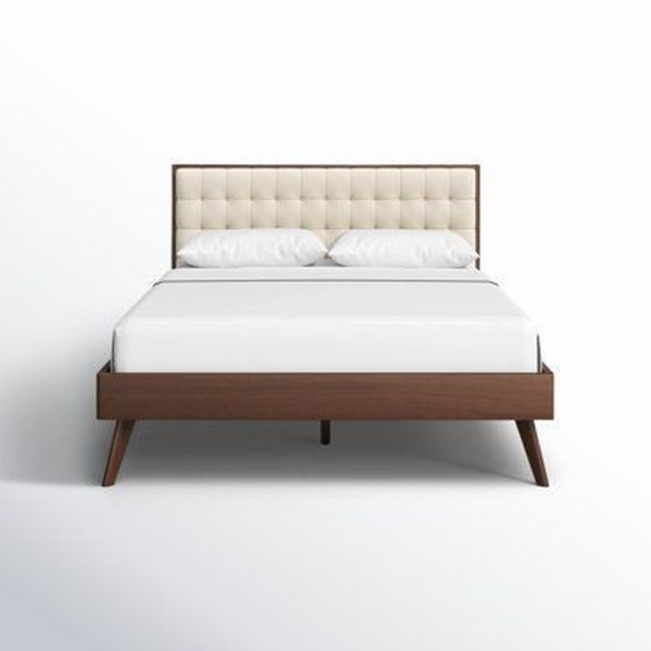 Mid-Century Modern Platform Bed with Upholstered Headboard