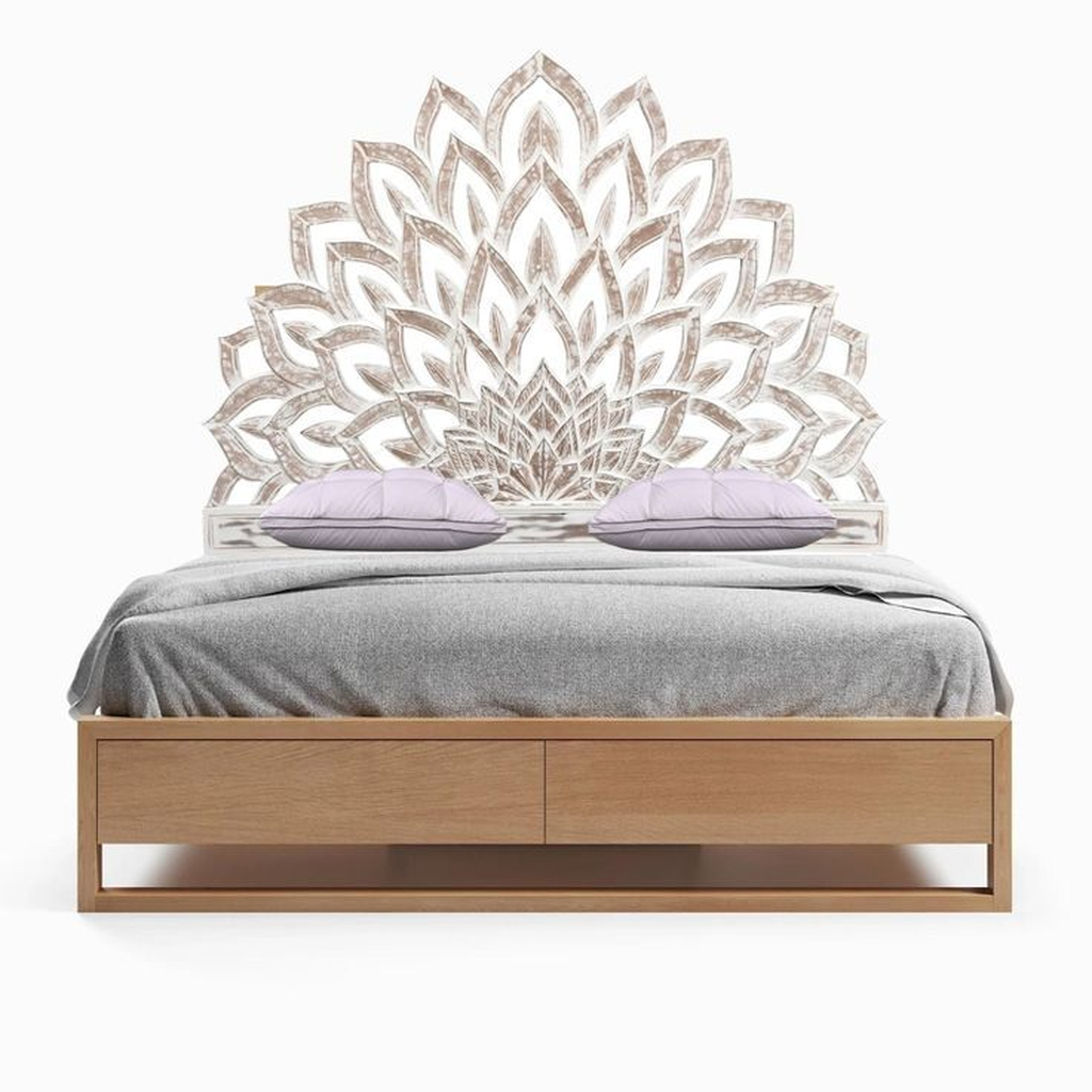 Mid-Century Modern Platform Bed with Wood Frame and Decorative Headboard