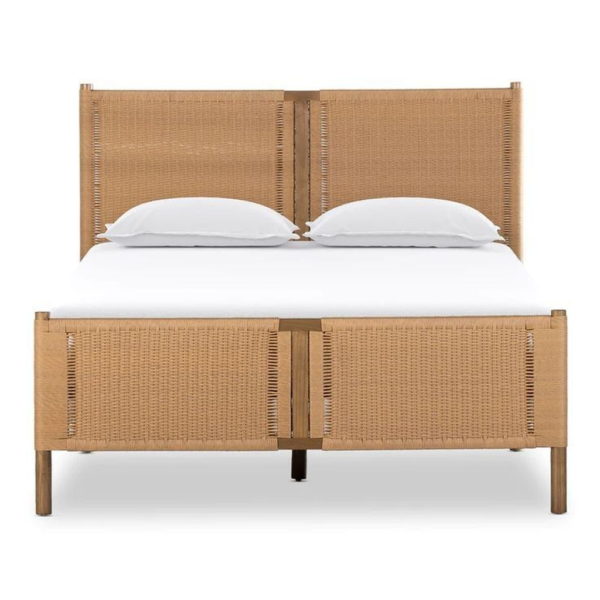 Mid-Century Modern Rattan Bed with White Pillows
