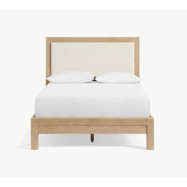 Mid-Century Modern Teak Bed with Fabric Headboard