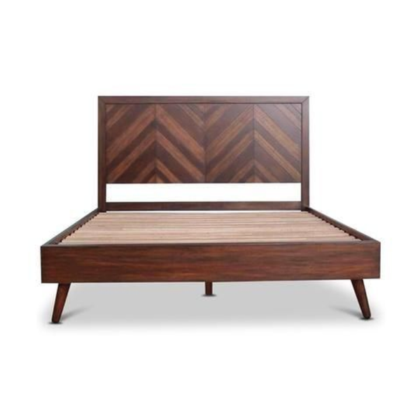 Mid-Century Modern Teak Wood Bed with Chevron Headboard by Daabadi Furniture supplier