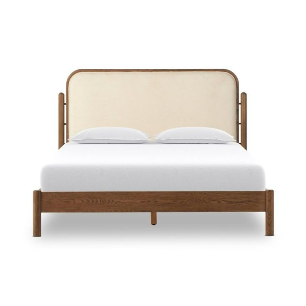 Mid-Century Modern Teak Wood Bed with Cream Headboard