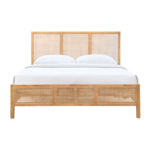 Mid-Century Modern Teak Wood Bed with Rattan Details
