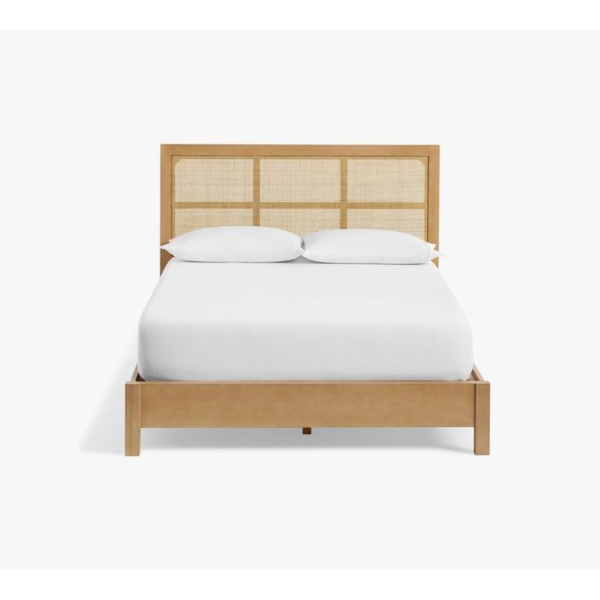 Mid-Century Modern Teak Wood Bed with Rattan Headboard