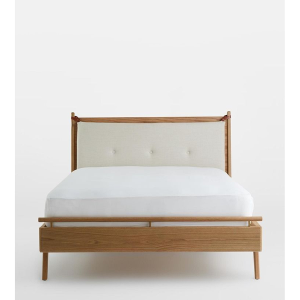 Mid-Century Modern Teak Wood Bed with Upholstered Headboard