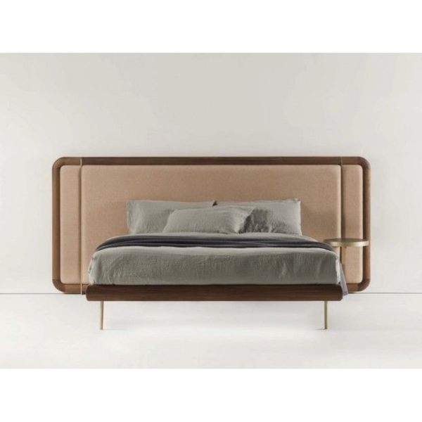 Mid-Century Modern Teak Wood Bed with Upholstered Headboard