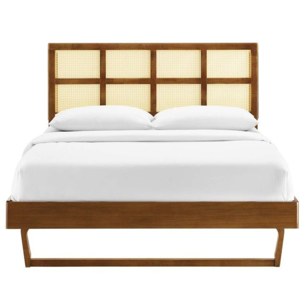 Mid-Century Modern Teak Wood Bed with Woven Headboard