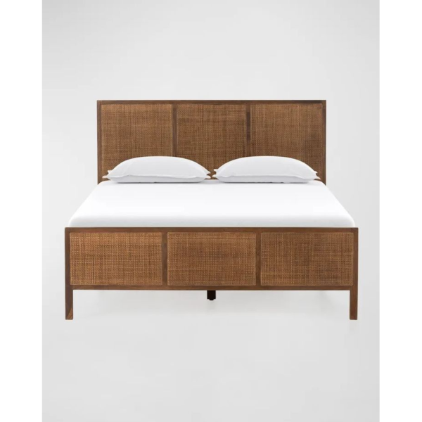 Mid-Century Modern Teak Wood Bed with Woven Headboard