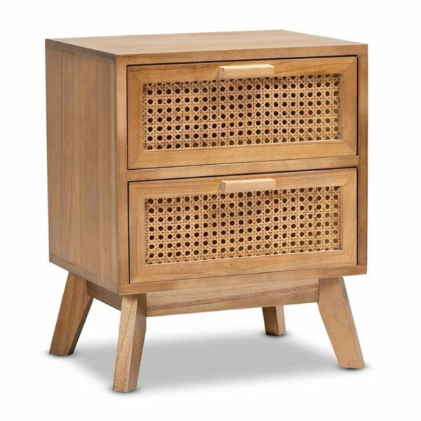 Mid-Century Modern Teak Wood Bedside Table with Rattan Drawers