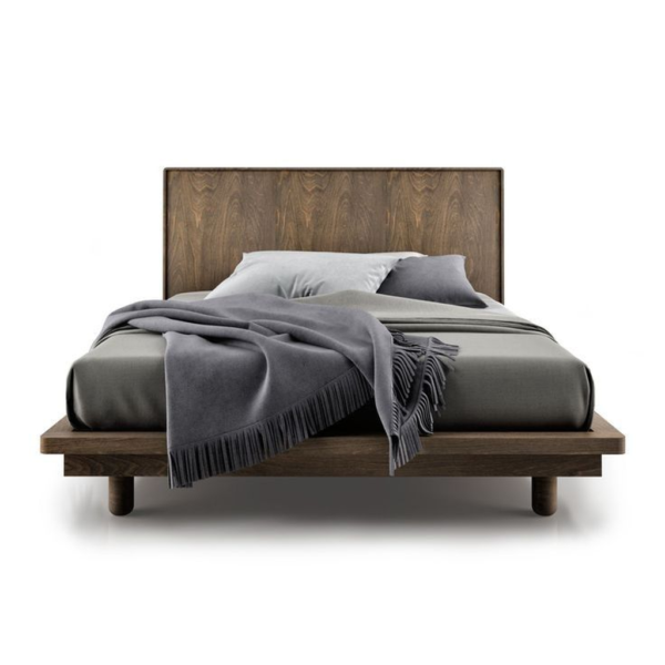Mid-Century Modern Teak Wood Platform Bed with Gray Linens