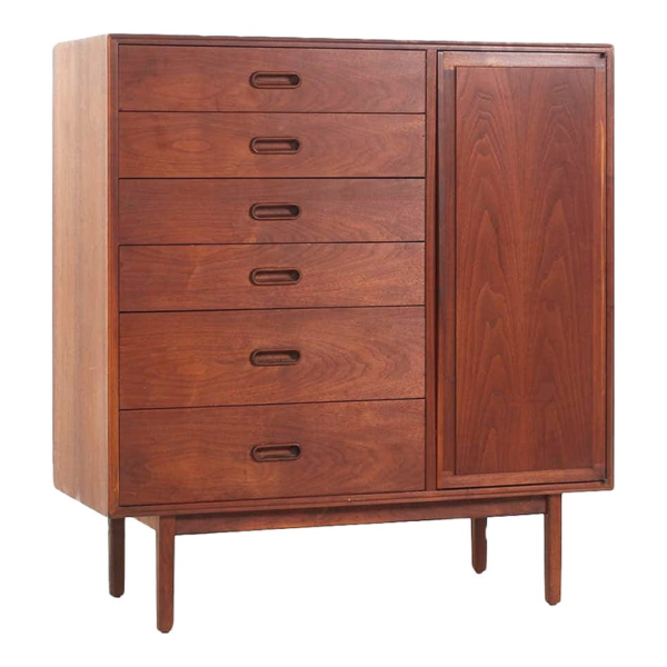 Mid-Century Modern Brown Wood Wardrobe with Drawers and Cabinet