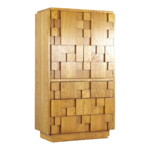 Light Brown Wood Mid-Century Modern Wardrobe with Geometric Pattern