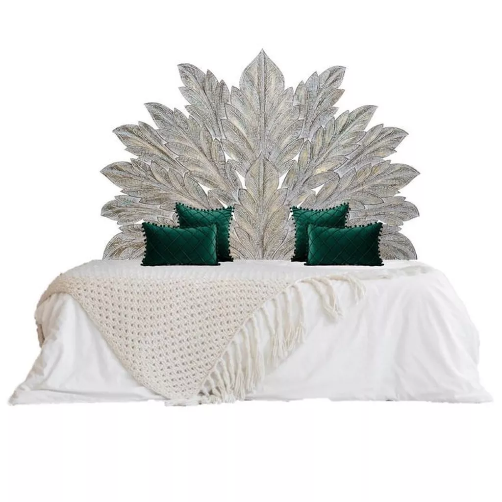 Mid-Century Modern White Wooden Bed with Leaf Headboard Design and Green Accent Pillows