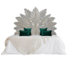 Mid-Century Modern White Wooden Bed with Leaf Headboard Design and Green Accent Pillows