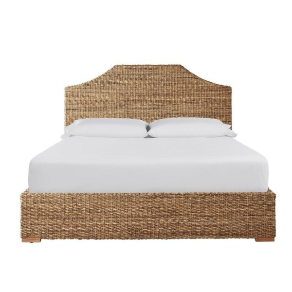 Mid-Century Modern Wicker Bed with White Linen