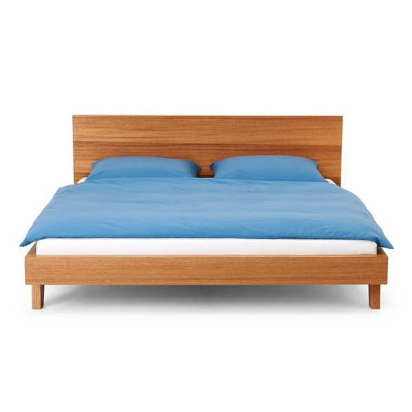 Mid-Century Modern Wooden Bed with Blue Duvet