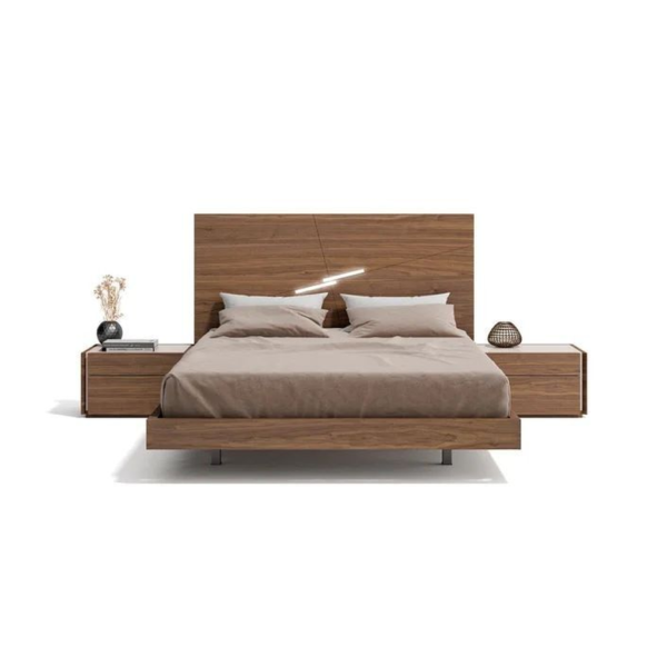 Mid-Century Modern Wooden Bed with Floating Headboard and Nightstands