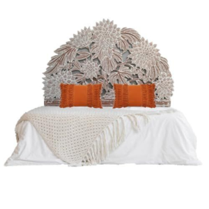 Mid-Century Modern Wooden Bed with Floral Carved Headboard