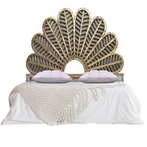 Mid-Century Modern Wooden Bed with Golden Accents