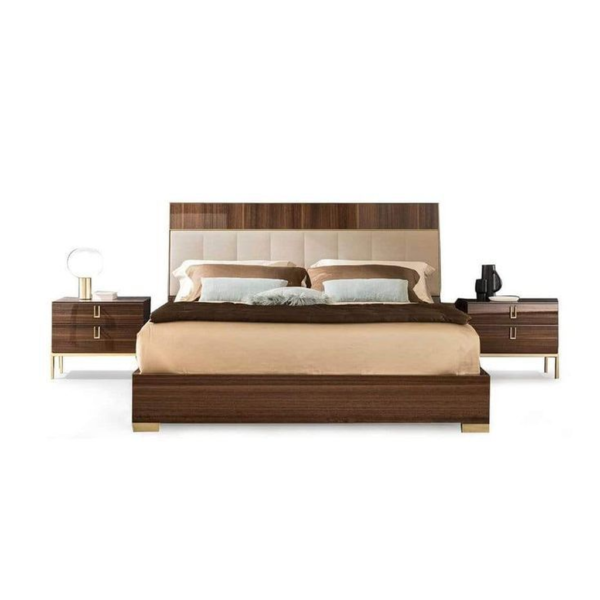 Mid-Century Modern Wooden Bed with Upholstered Headboard