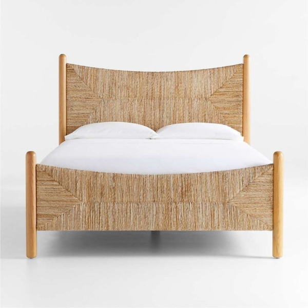 Mid-Century Modern Woven Bed Natural Wooden Frame