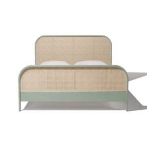Mid-Century Modern Woven Rattan Bed with Mint Green Frame - Daabadi Furniture