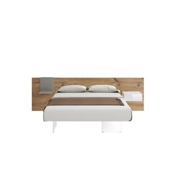 Mid-Century Modern bed with Teak Wood Frame and White Upholstery